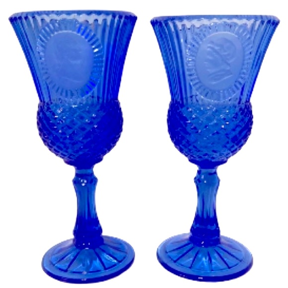 AVON Vintage Cobalt Blue Glasses George and Martha Washington Fostoria Set of 2 - Picture 1 of 15